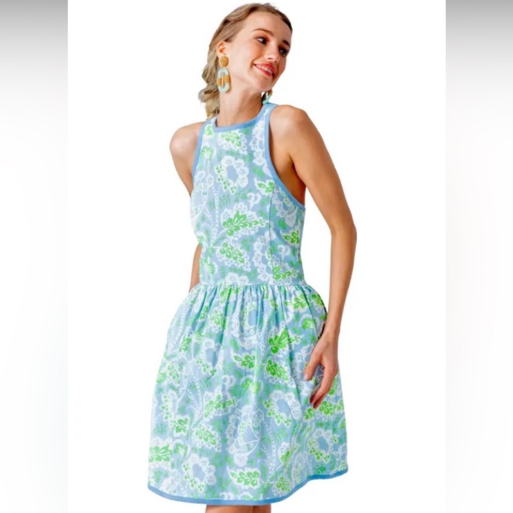 Gretchen Scott Sleeveless Floral Halter Dress in Light Blue and Green NWT - XS